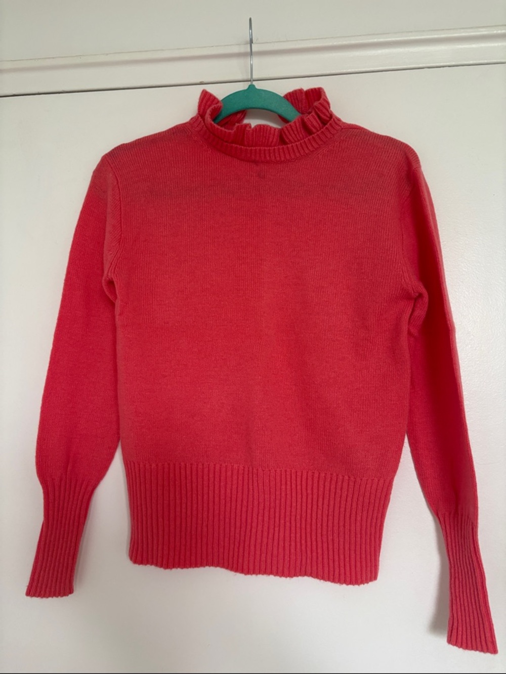 Jcrew Coral Ruffle Mock Neck Sweater